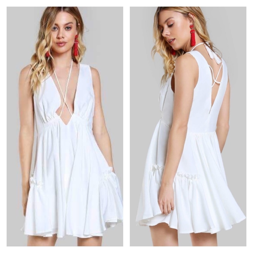 White Crisscross Double Plunging Tank Flow  Dress